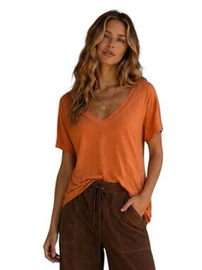 WIHOLL Pumpkin Sweetheart Neckline Short Sleeve Top
